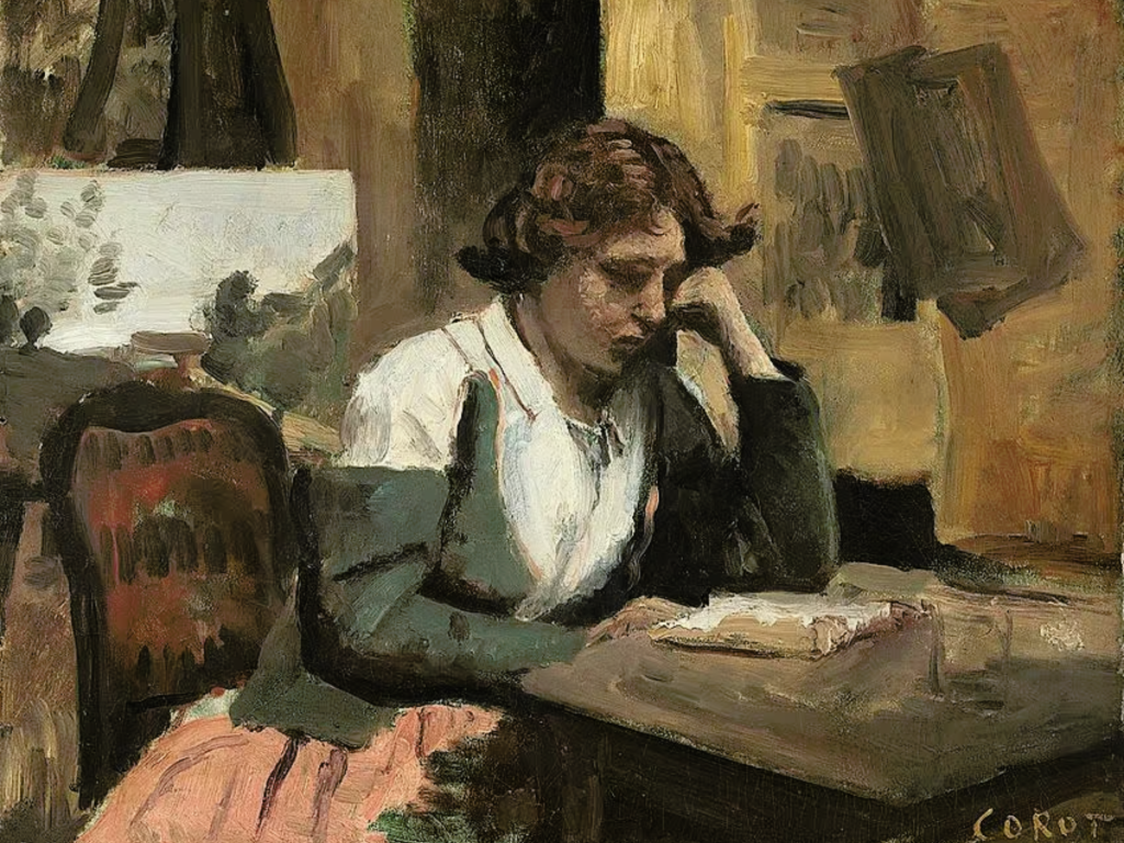 An 1868 painting, showing a young woman reading at a table